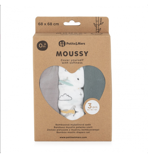 Petite&Mars Moussy - 3 pieluchy bambusowe 68x68 | Grey Planes